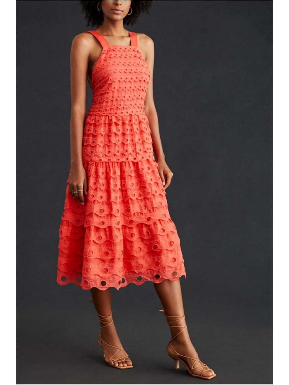 Anthropologie / Maeve Eyelet Tiered Midi Dress Coral